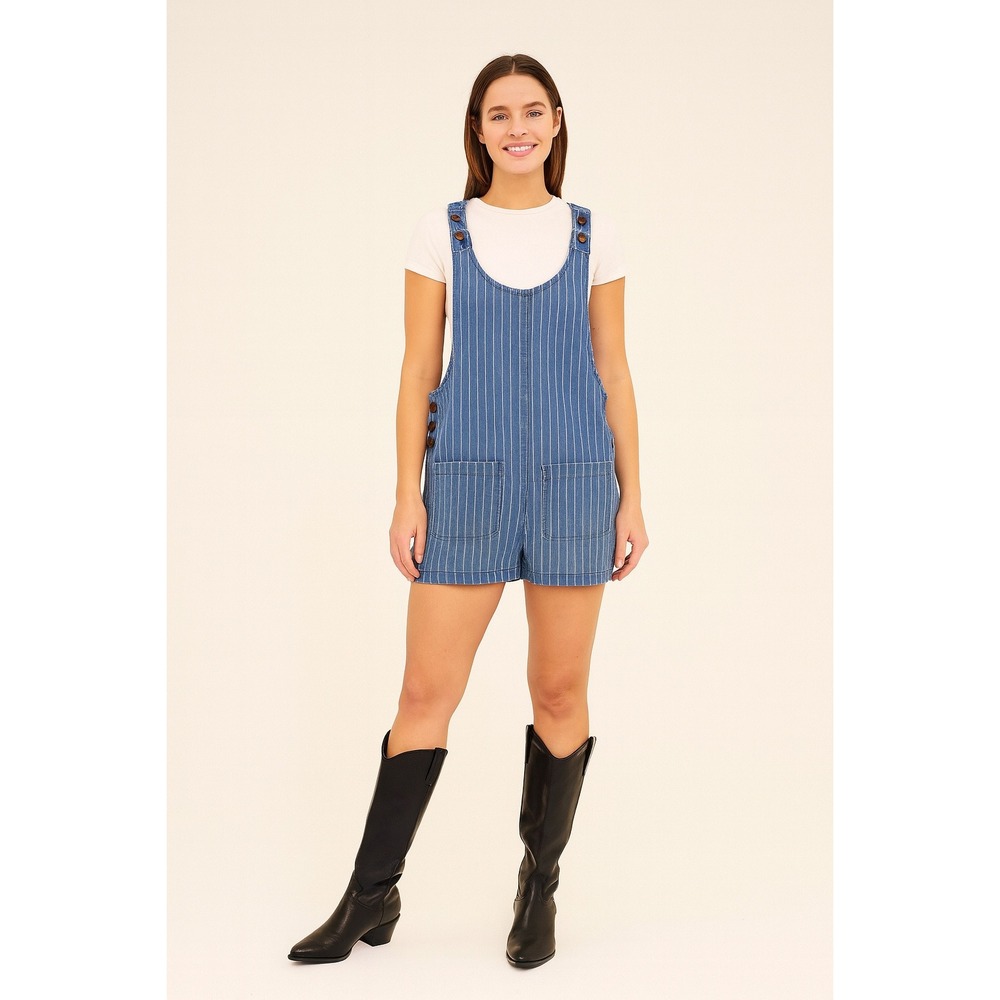 Lei Dress Jumper‎ Mini Adjustable Strap Striped Denim Cotton Womens S Vintage